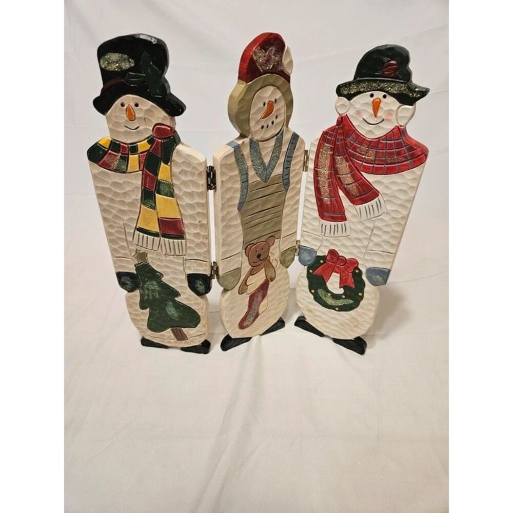 Vintage 13" Tall Set of Handpainted TriFold Wood Snowman Decor